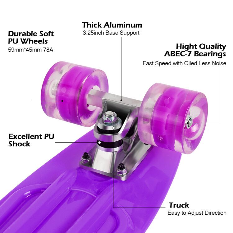 BELEEV Skateboard Complete Mini Cruiser Skateboard for Kids Teens Adults, Led Light up Wheels with All-in-One Skate T-Tool for Beginners Purple