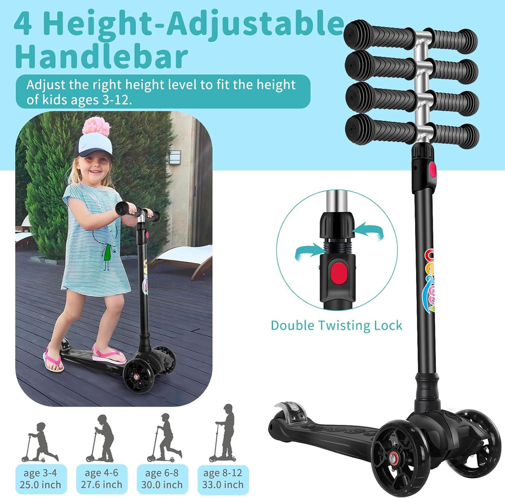 BELEEV A5 Deluxe Scooter for Kids Age 3-12, 3 Wheel Scooter for Toddlers Girls Boys, Kick Scooter with 4 Adjustable Height, Lean to Steer, Light up Wheels, Extra-Wide Deck, Push Scooter for Children