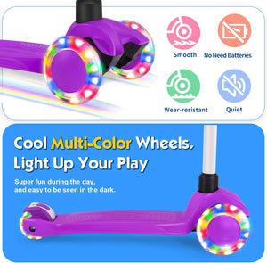 BELEEV Scooter for Kids 3 Wheel Kick Scooter, Perfect for Toddler Girls Boys Age 3-12, Scooter with 4 Adjustable Height, LED Light Up Wheels for Children