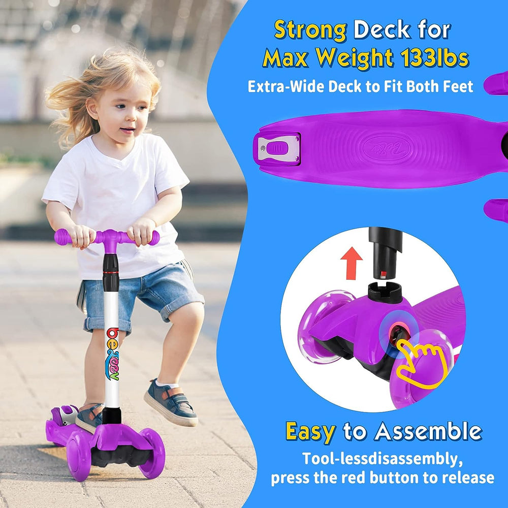 BELEEV Scooter for Kids 3 Wheel Kick Scooter, Perfect for Toddler Girls Boys Age 3-12, Scooter with 4 Adjustable Height, LED Light Up Wheels for Children