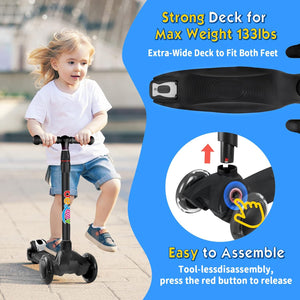 Beleev Scooters for Kids 3 Wheel Scooter for Toddlers Girls Boys, 4 Adjustable Height, Lean to Steer, Light Up Wheels for Children (Black)