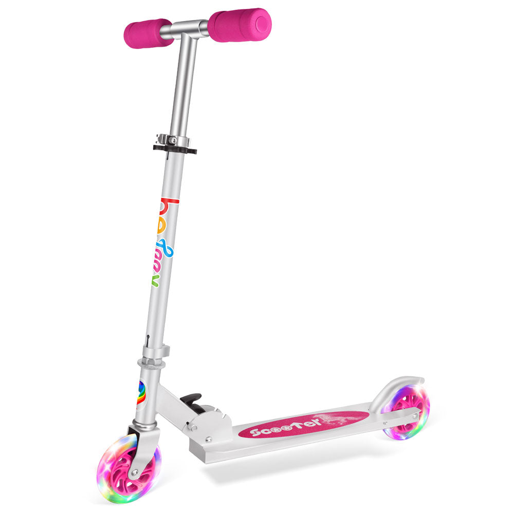 Beleev V1 Scooters for Kids 2 Wheel Folding Kick Scooter for Girls Boys, 3 Adjustable Height, Light Up Wheels for Children 3 to 14 Years Old Pink