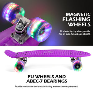 BELEEV Skateboard Complete Mini Cruiser Skateboard for Kids Teens Adults, Led Light up Wheels with All-in-One Skate T-Tool for Beginners Purple